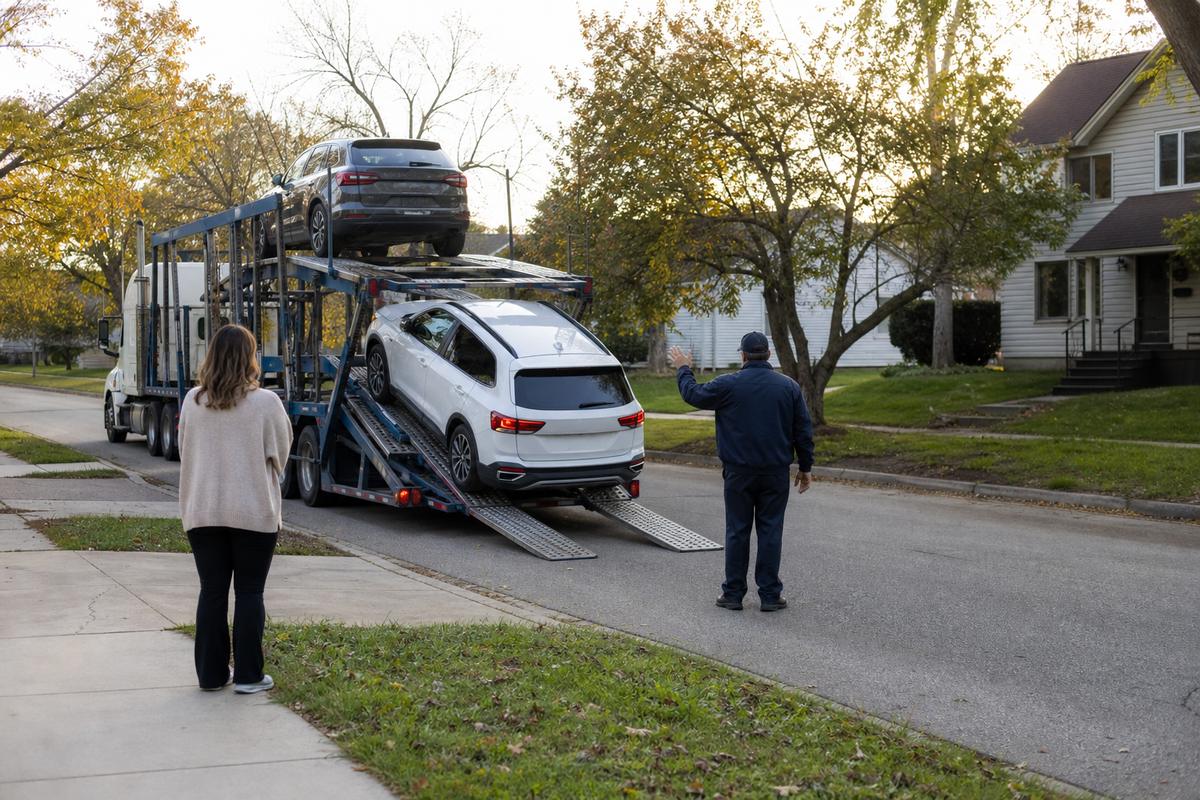 Car delivery in Grand Rapids An SUV being driven down the ramps off an open carrier at delivery