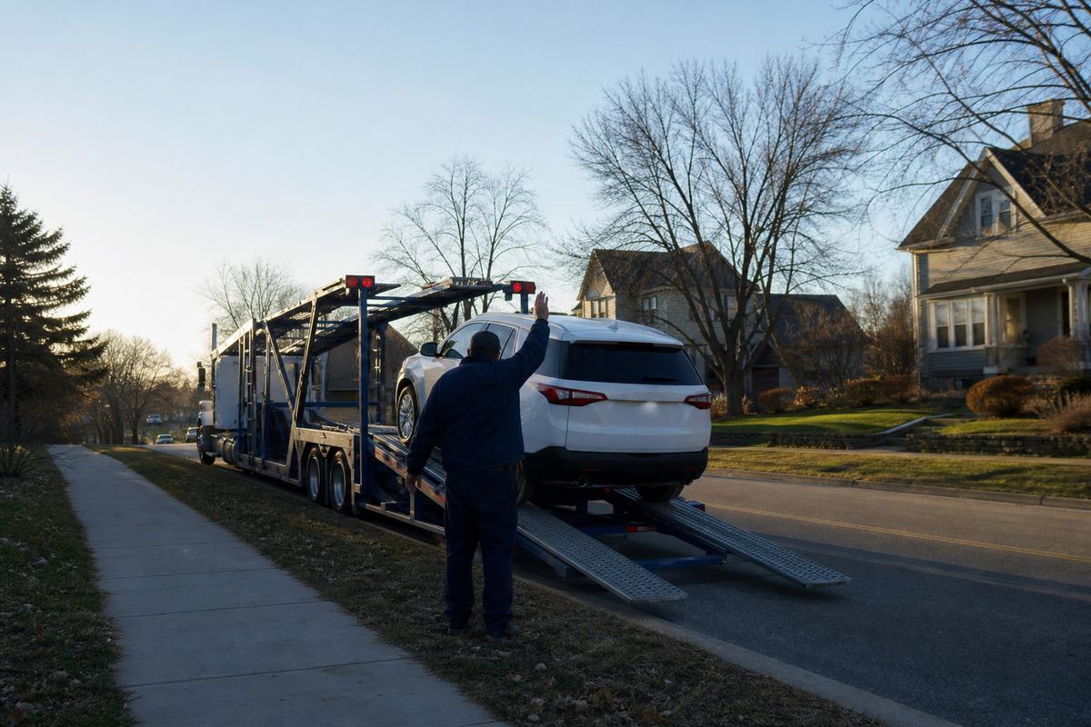 Car pickup in Grand Rapids An SUV being driven up the ramps onto an open carrier at the curb