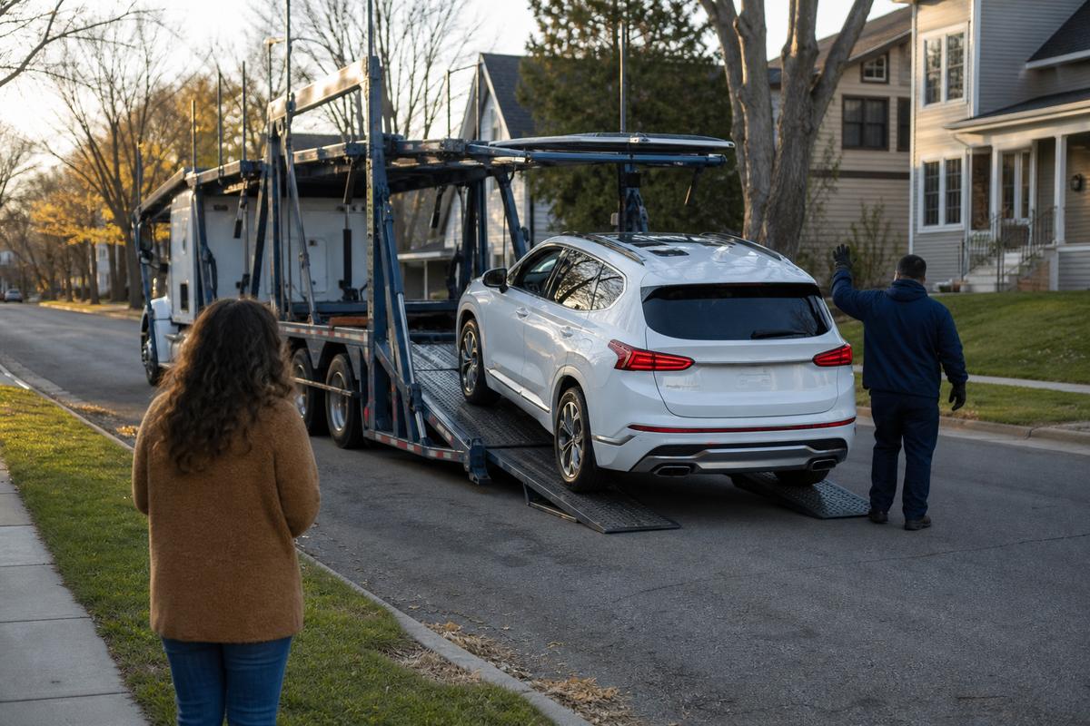 Car delivery in Minneapolis An SUV being driven down the ramps off an open carrier at delivery