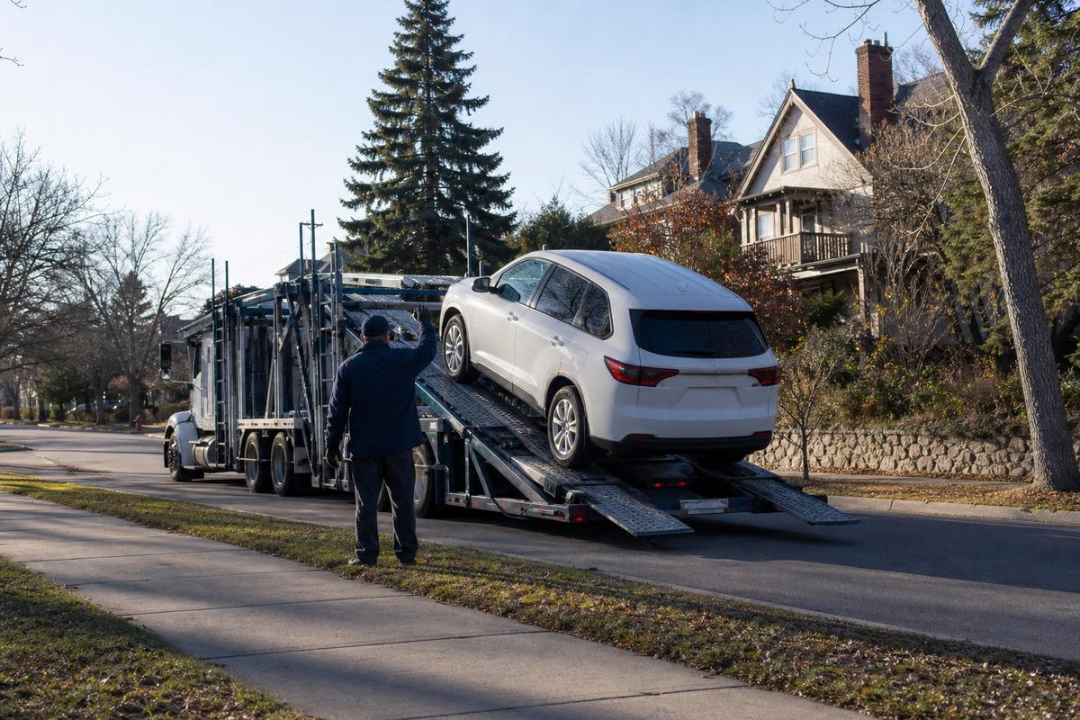 Car pickup in Minneapolis An SUV being driven up the ramps onto an open carrier at the curb