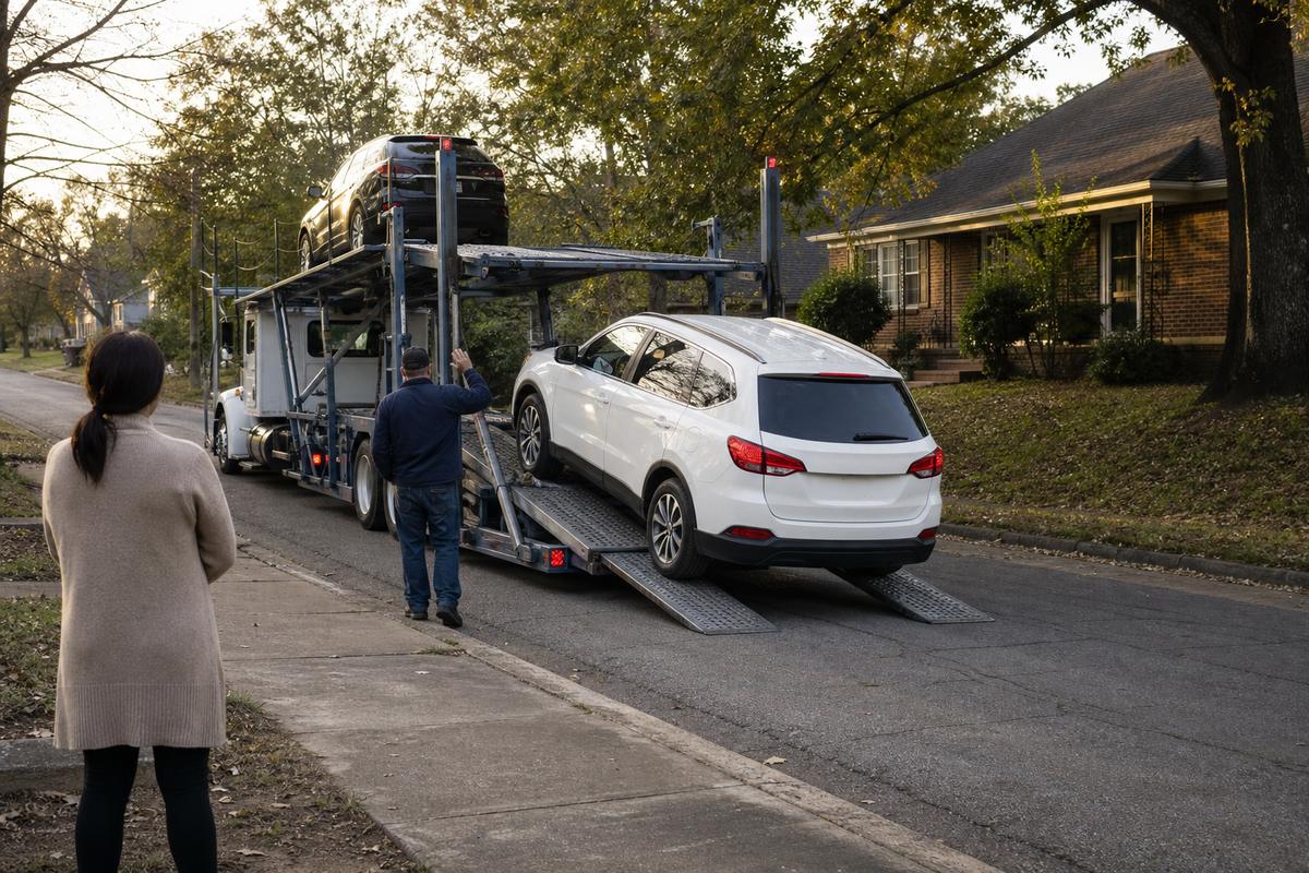 Car delivery in Jackson An SUV being driven down the ramps off an open carrier at delivery
