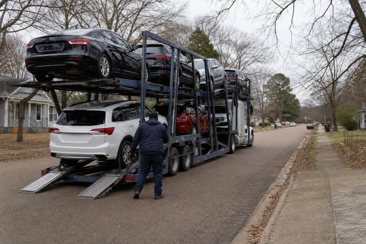 Car shipping in Jackson An open auto carrier unloading on a residential street
