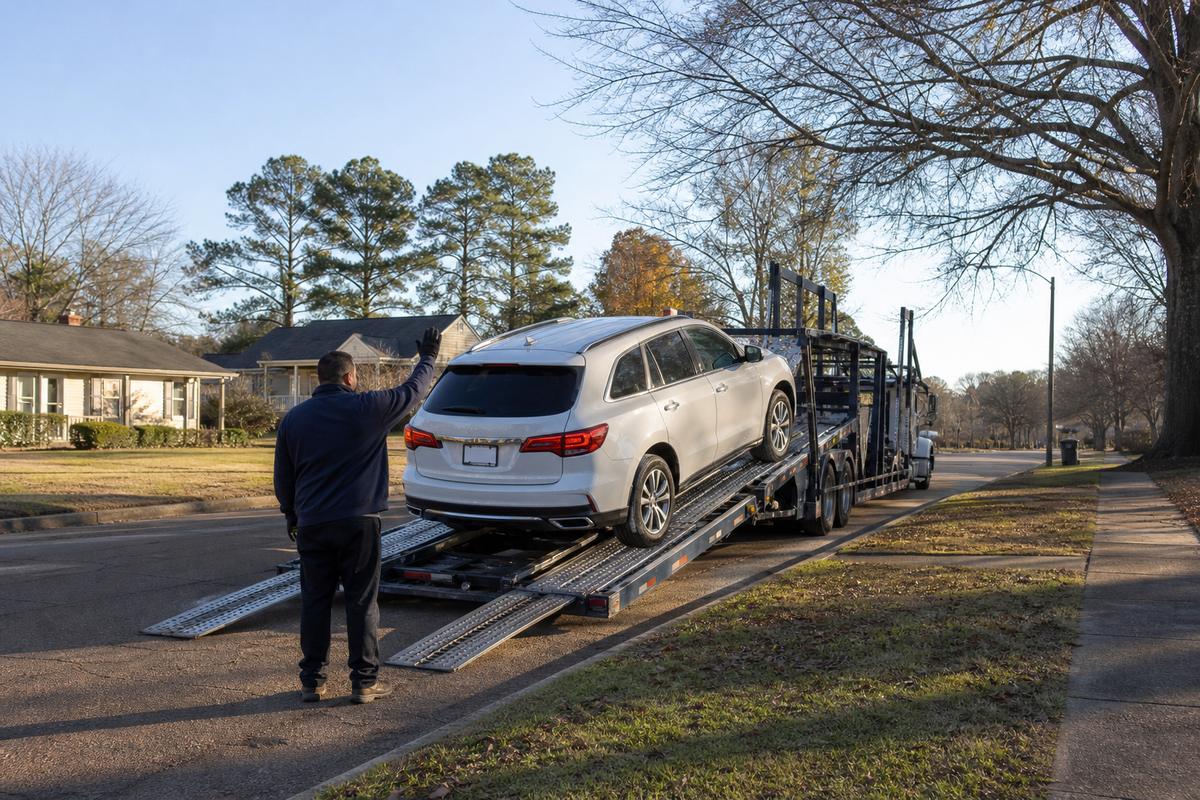 Car pickup in Jackson An SUV being driven up the ramps onto an open carrier at the curb