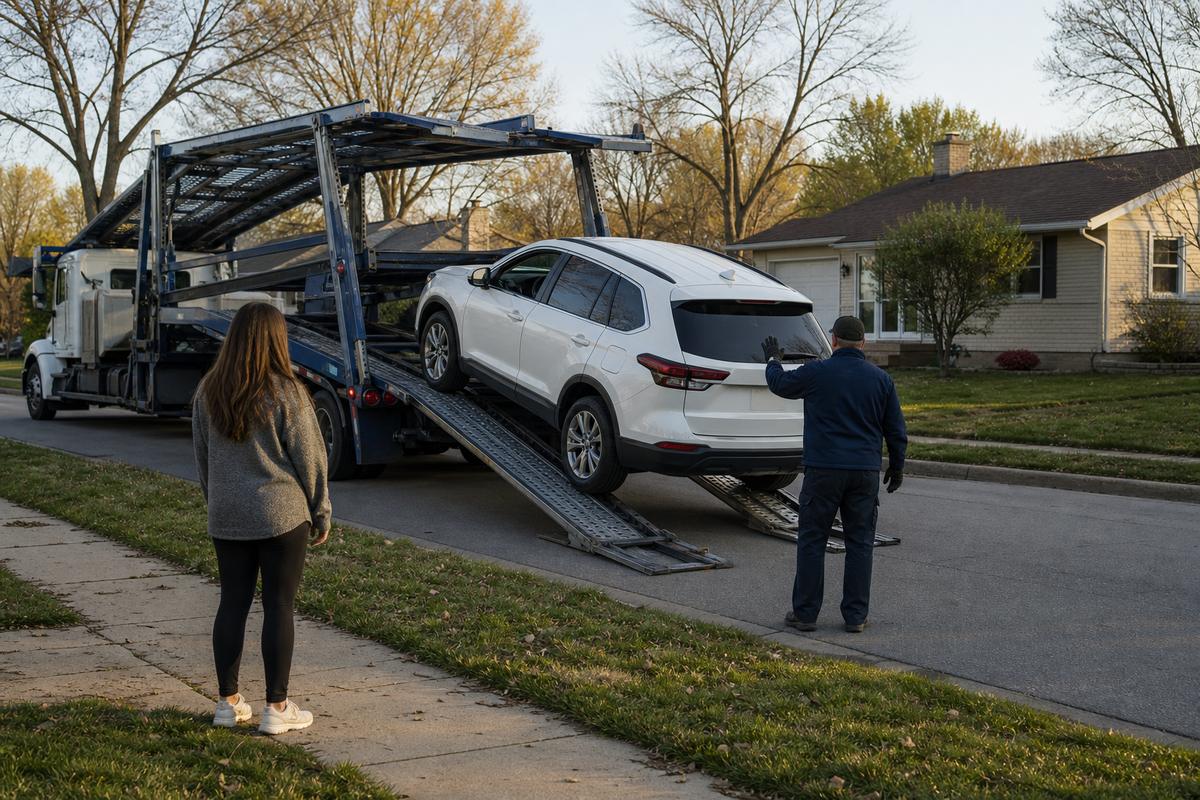 An SUV being driven down the ramps off an open carrier at delivery