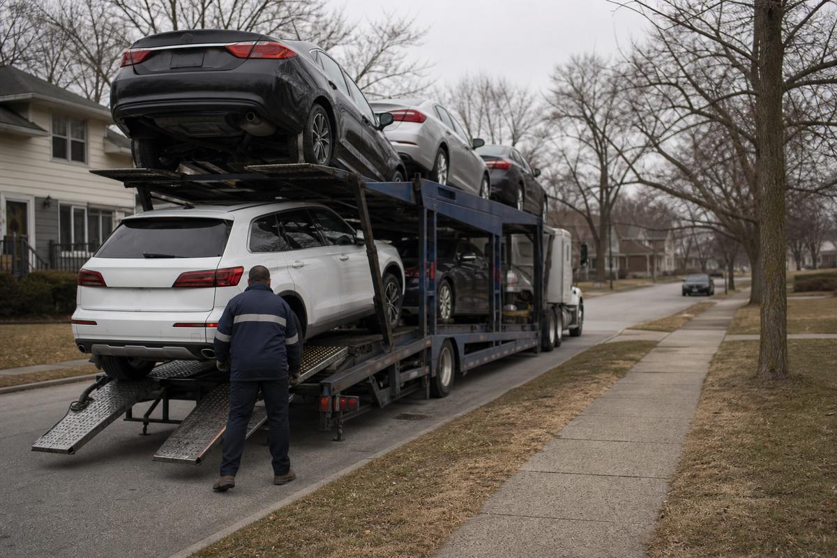 An open auto carrier unloading on a residential street