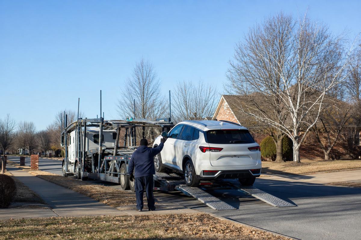 An SUV being driven up the ramps onto an open carrier at the curb