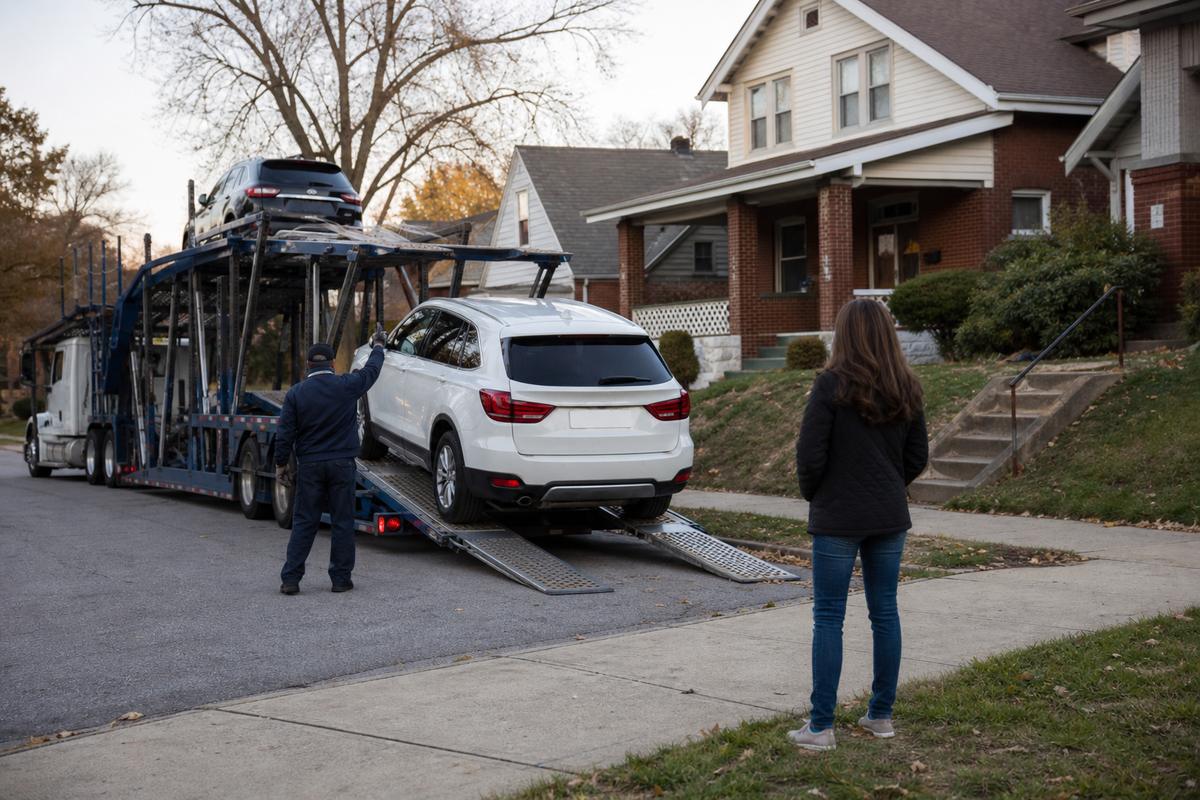 Car delivery in St. Louis An SUV being driven down the ramps off an open carrier at delivery