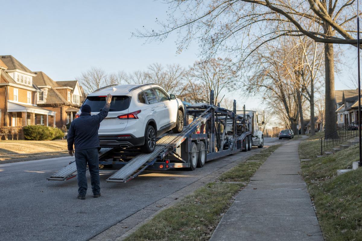 Car pickup in St. Louis An SUV being driven up the ramps onto an open carrier at the curb
