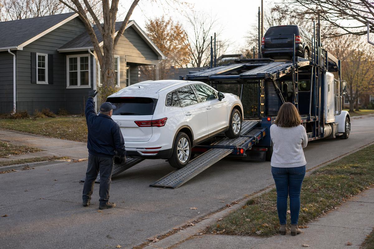 Car delivery in Lincoln An SUV being driven down the ramps off an open carrier at delivery
