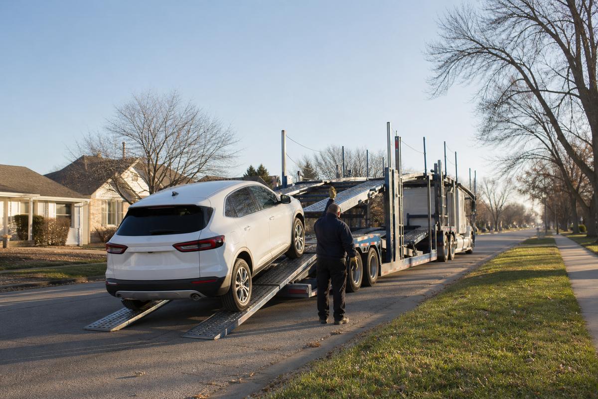 Car pickup in Lincoln An SUV being driven up the ramps onto an open carrier at the curb