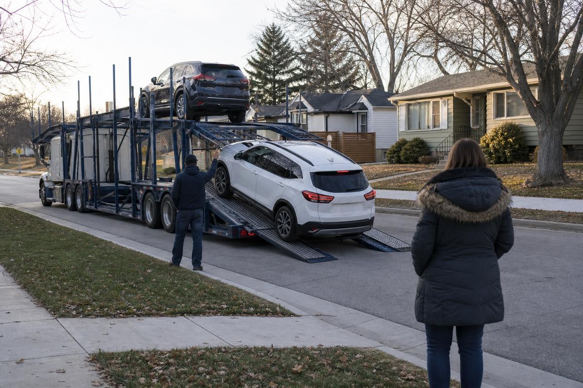 Car delivery in Omaha An SUV being driven down the ramps off an open carrier at delivery