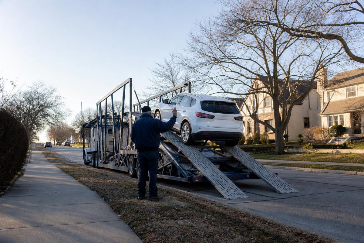 Car pickup in Omaha An SUV being driven up the ramps onto an open carrier at the curb