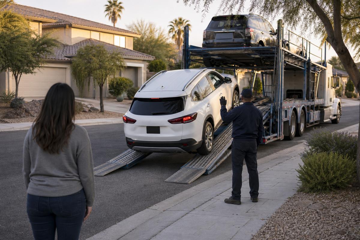 Car delivery in Henderson An SUV being driven down the ramps off an open carrier at delivery
