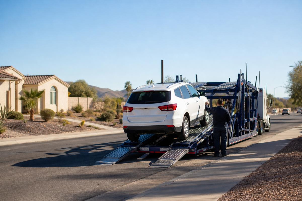 Car pickup in Henderson An SUV being driven up the ramps onto an open carrier at the curb