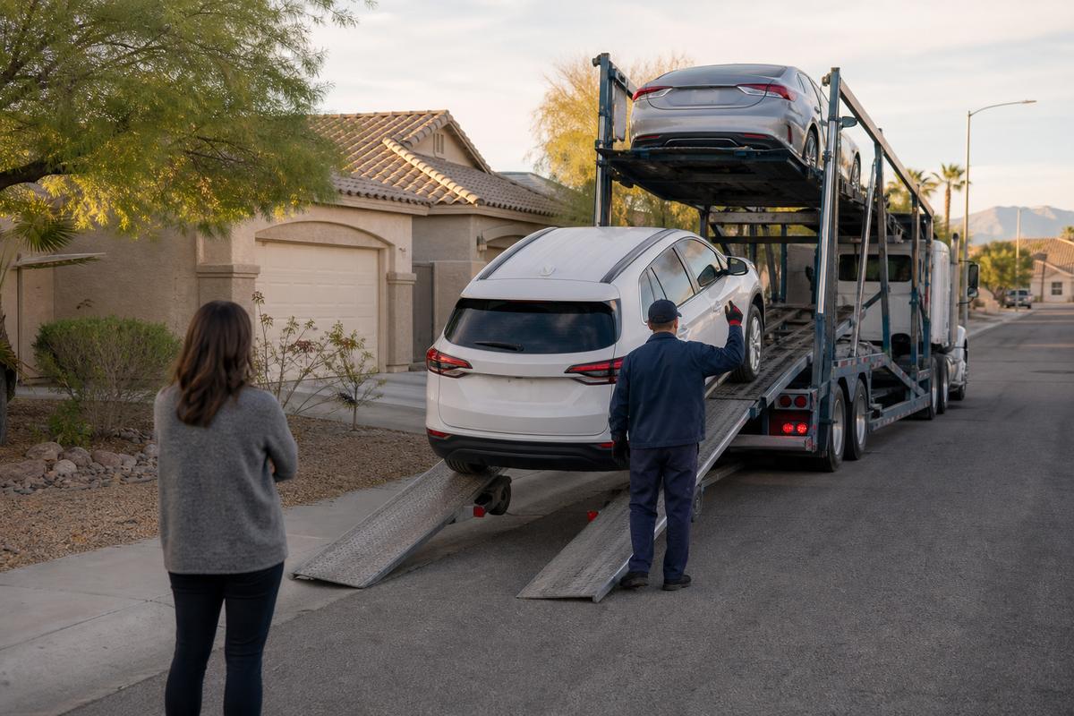 An SUV being driven down the ramps off an open carrier at delivery