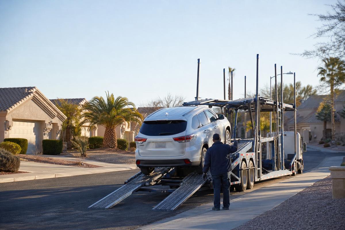 An SUV being driven up the ramps onto an open carrier at the curb