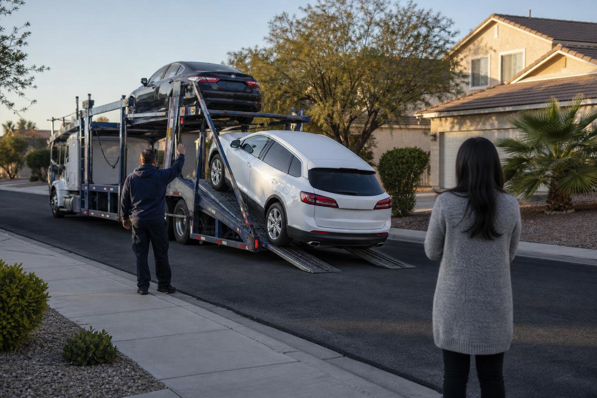 An SUV being driven down the ramps off an open carrier at delivery