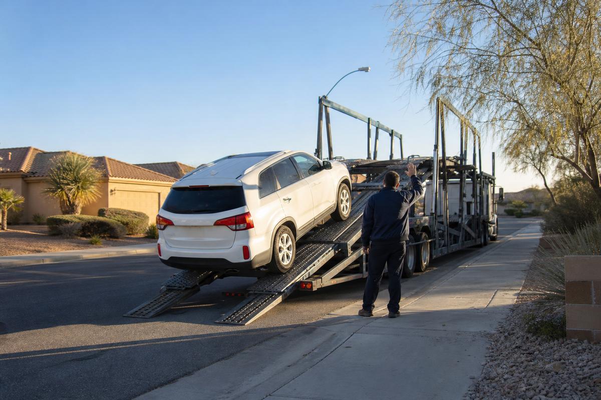 An SUV being driven up the ramps onto an open carrier at the curb
