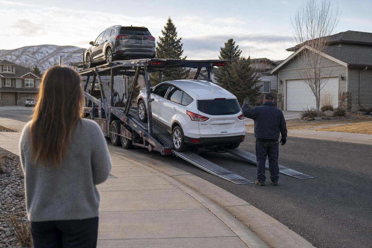 Car delivery in Reno An SUV being driven down the ramps off an open carrier at delivery