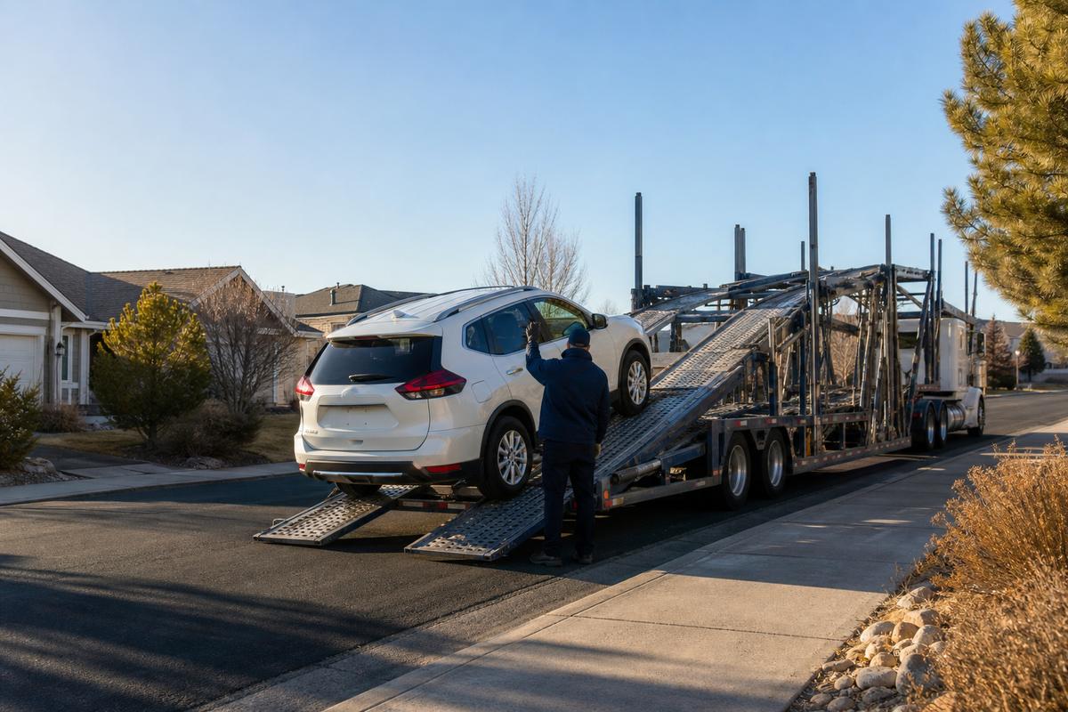 Car pickup in Reno An SUV being driven up the ramps onto an open carrier at the curb