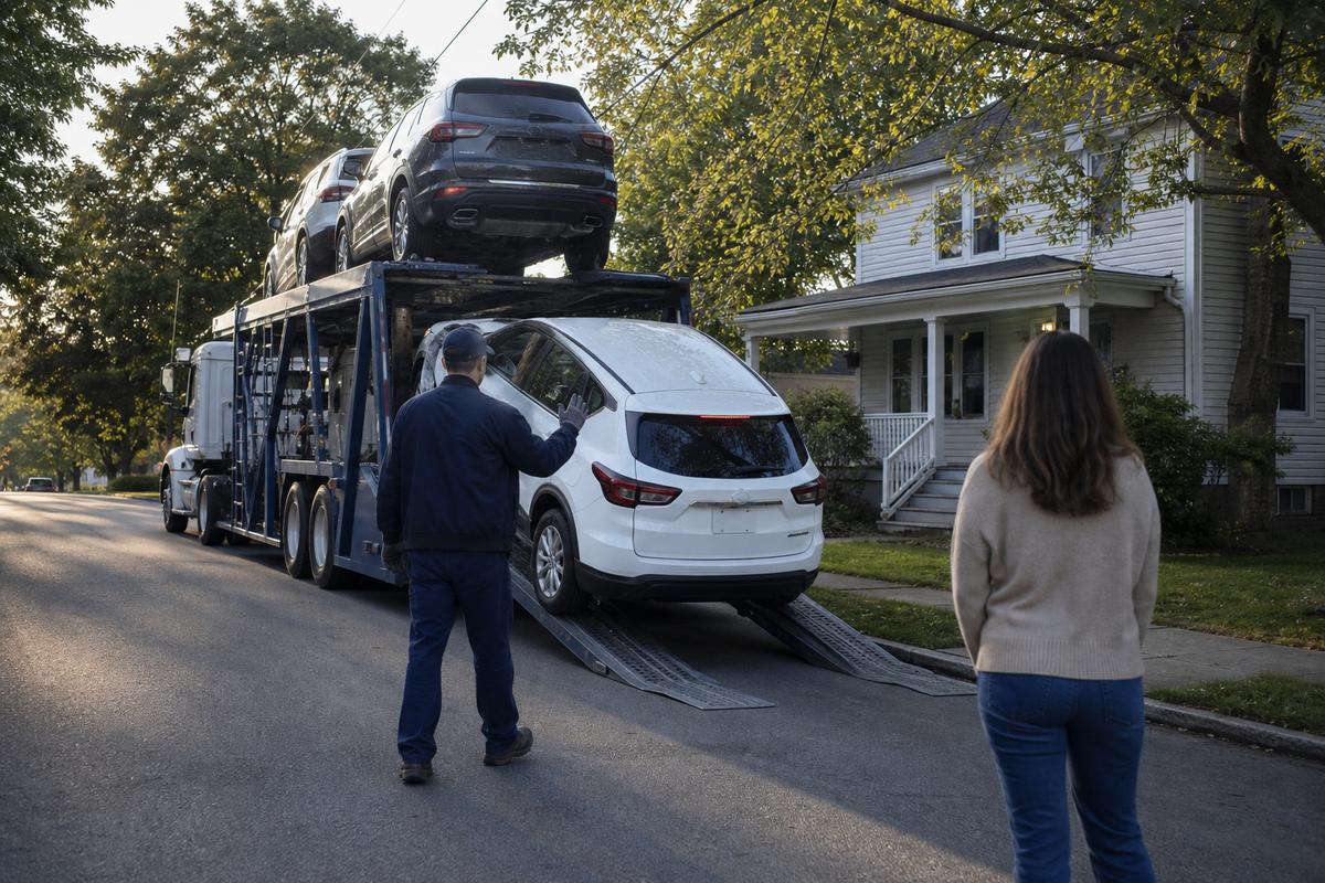 An SUV being driven down the ramps off an open carrier at delivery