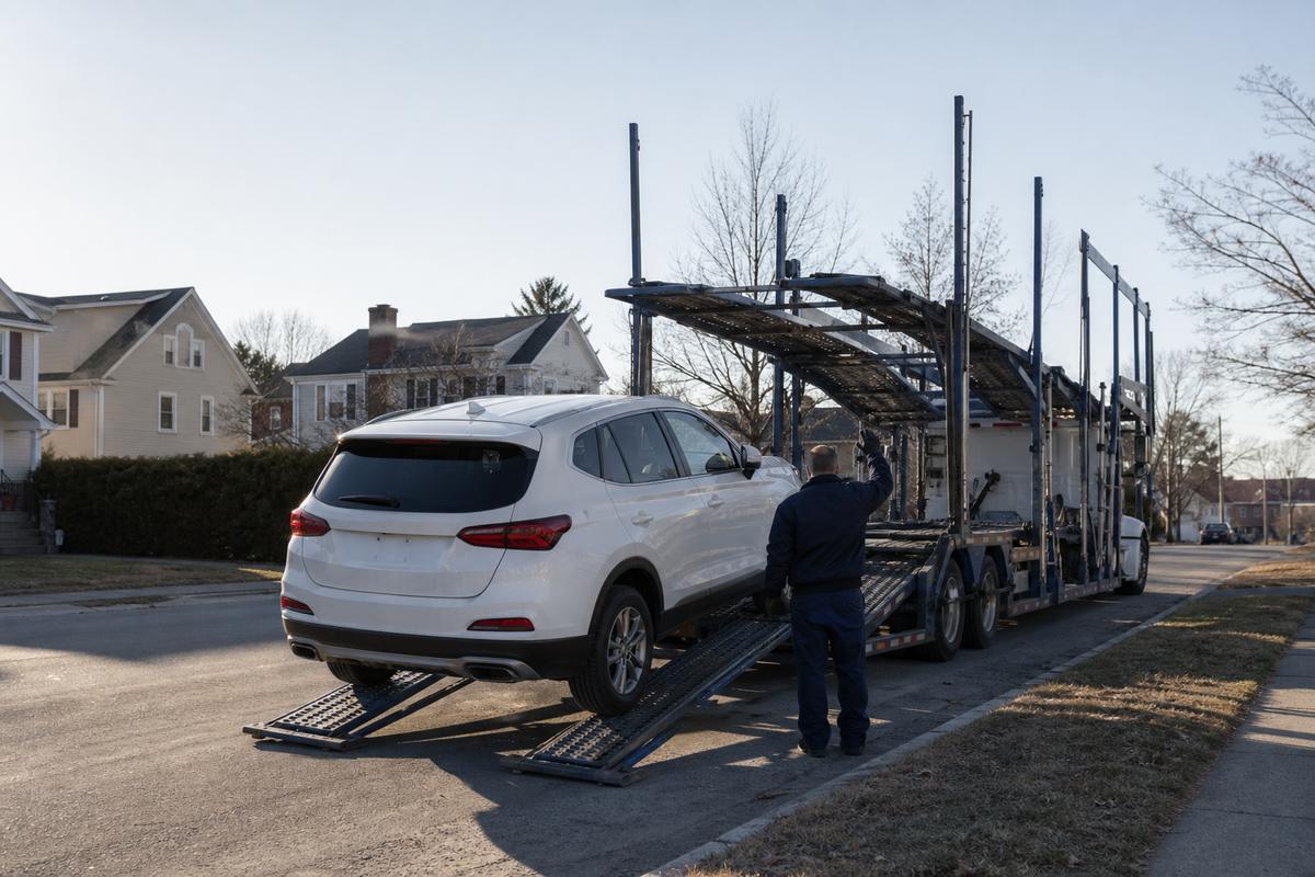 An SUV being driven up the ramps onto an open carrier at the curb