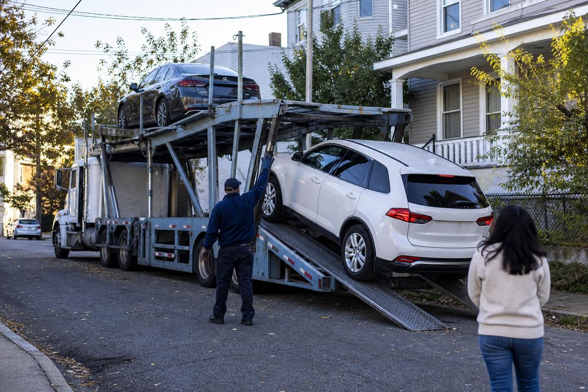 An SUV being driven down the ramps off an open carrier at delivery