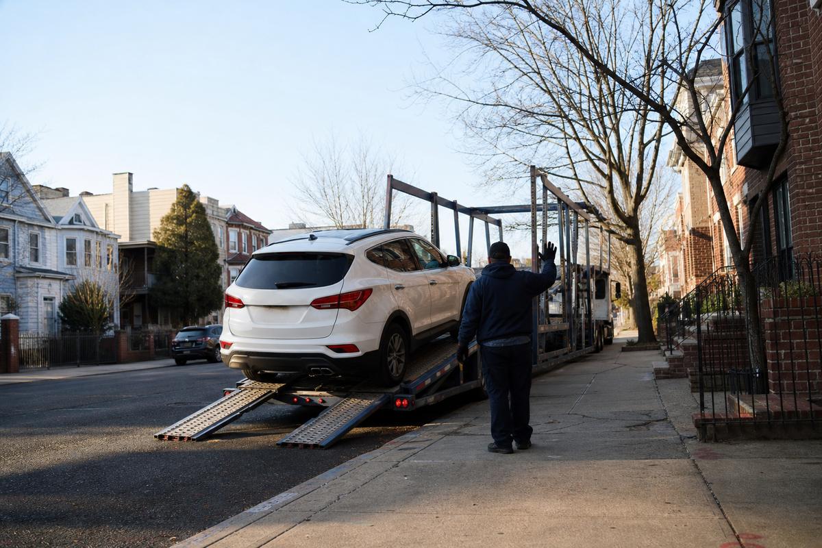 An SUV being driven up the ramps onto an open carrier at the curb