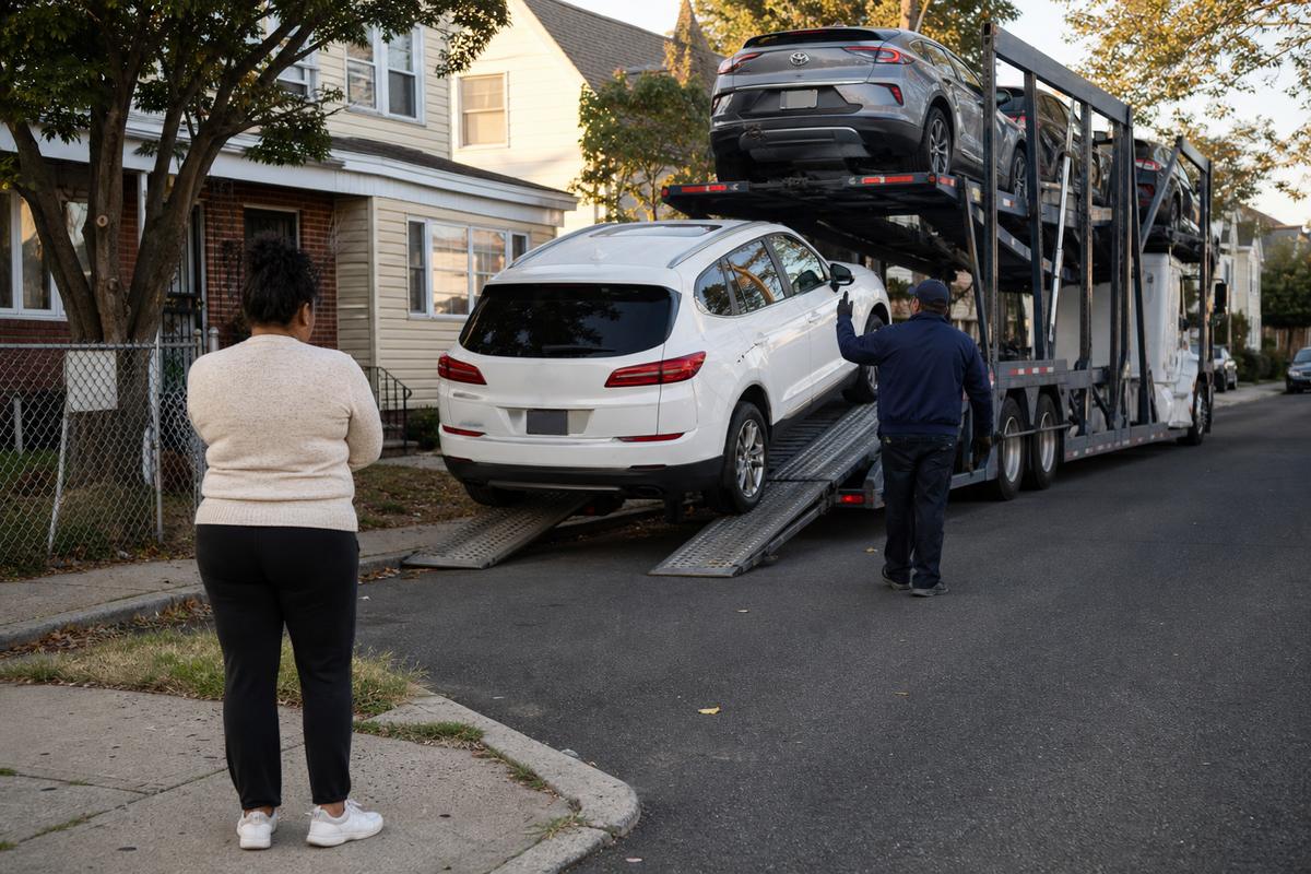 An SUV being driven down the ramps off an open carrier at delivery
