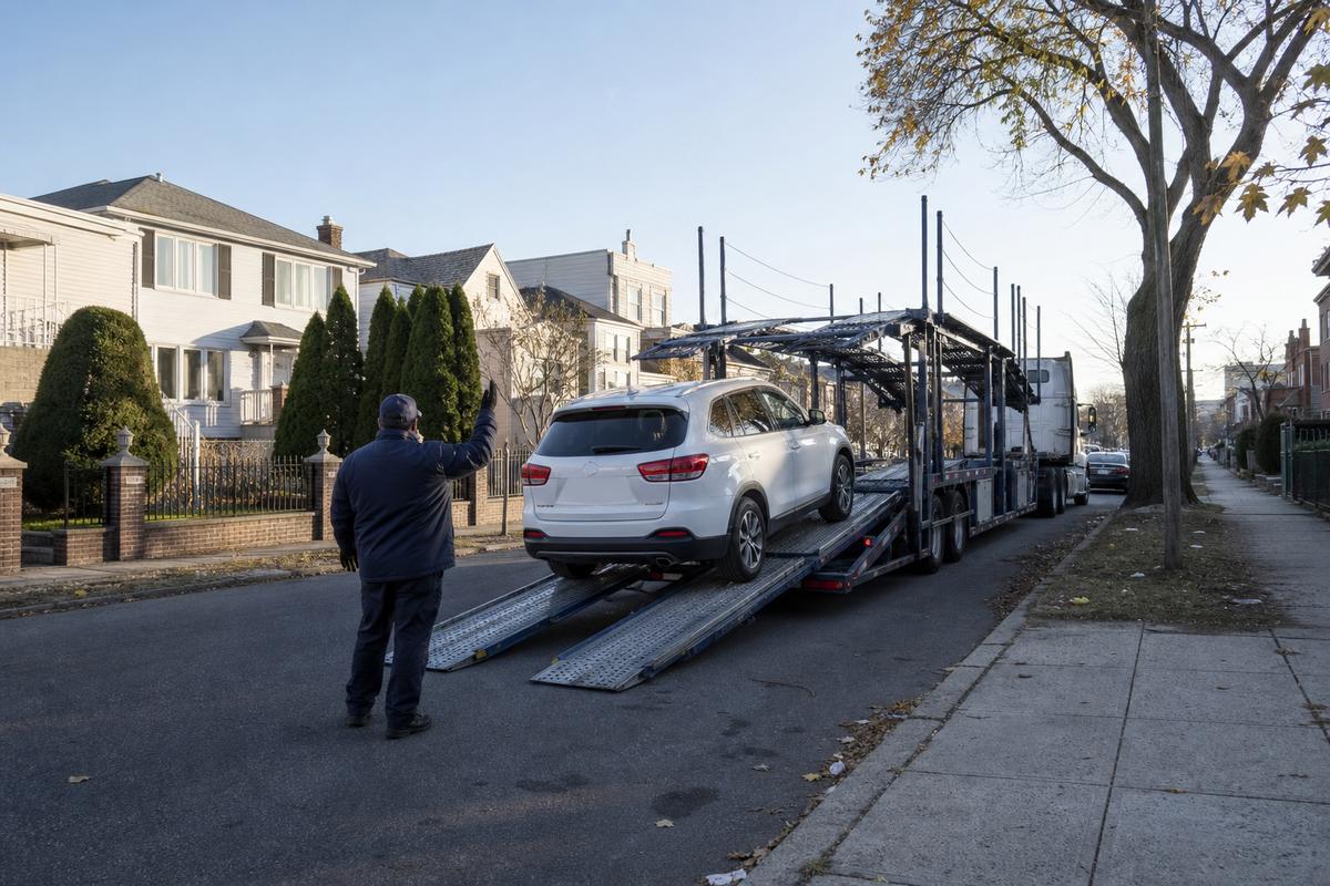 An SUV being driven up the ramps onto an open carrier at the curb