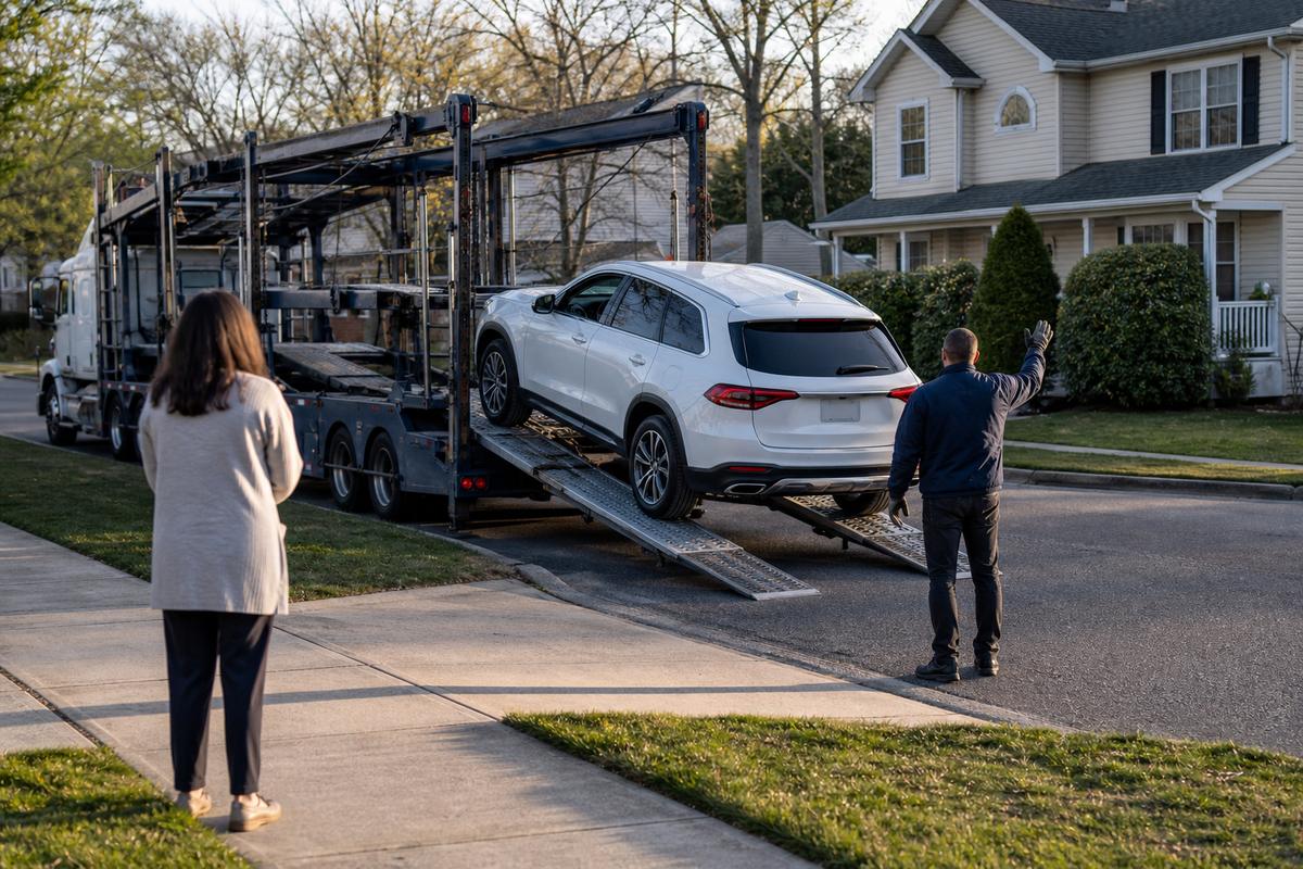 An SUV being driven down the ramps off an open carrier at delivery