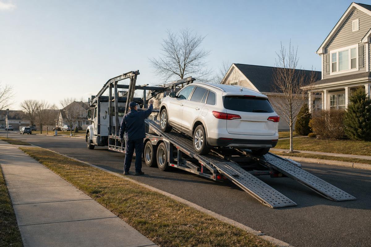 An SUV being driven up the ramps onto an open carrier at the curb