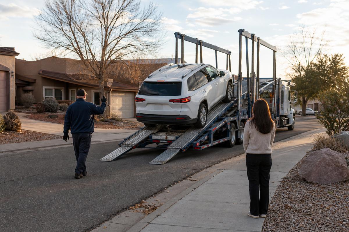 An SUV being driven down the ramps off an open carrier at delivery