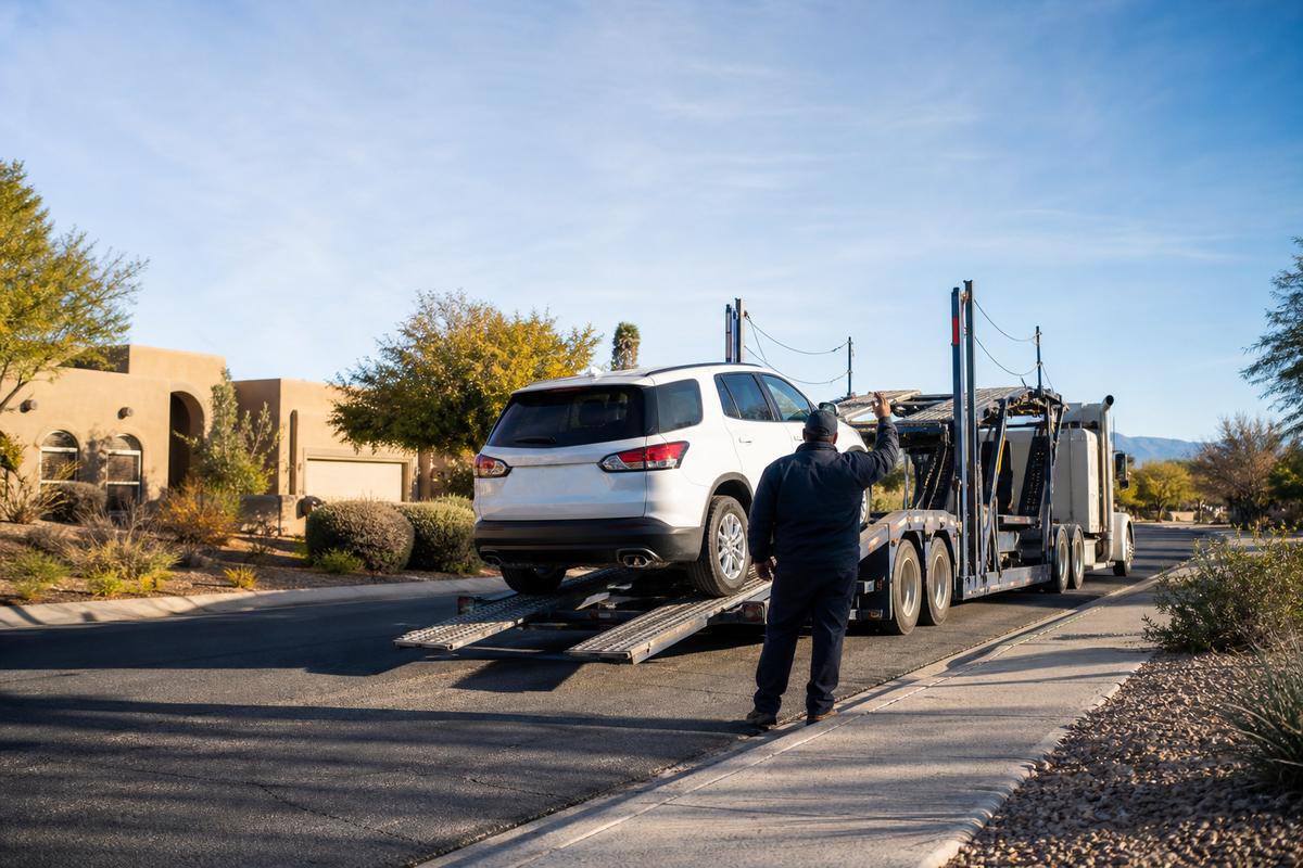 An SUV being driven up the ramps onto an open carrier at the curb