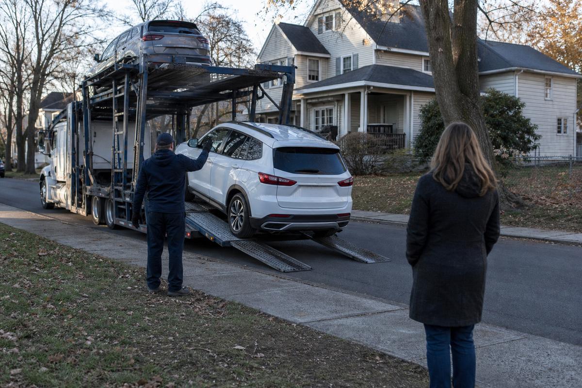 Car delivery in Albany An SUV being driven down the ramps off an open carrier at delivery