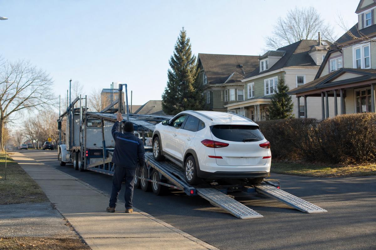 Car pickup in Albany An SUV being driven up the ramps onto an open carrier at the curb