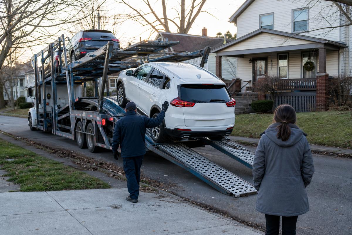 An SUV being driven down the ramps off an open carrier at delivery