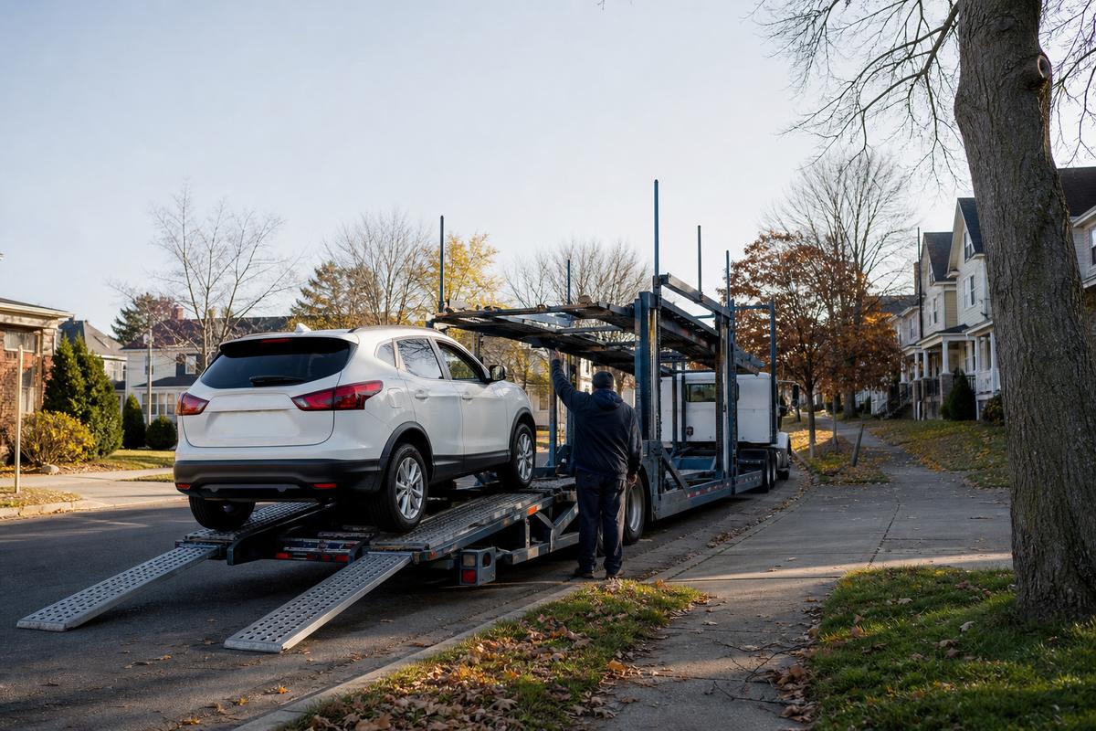 An SUV being driven up the ramps onto an open carrier at the curb