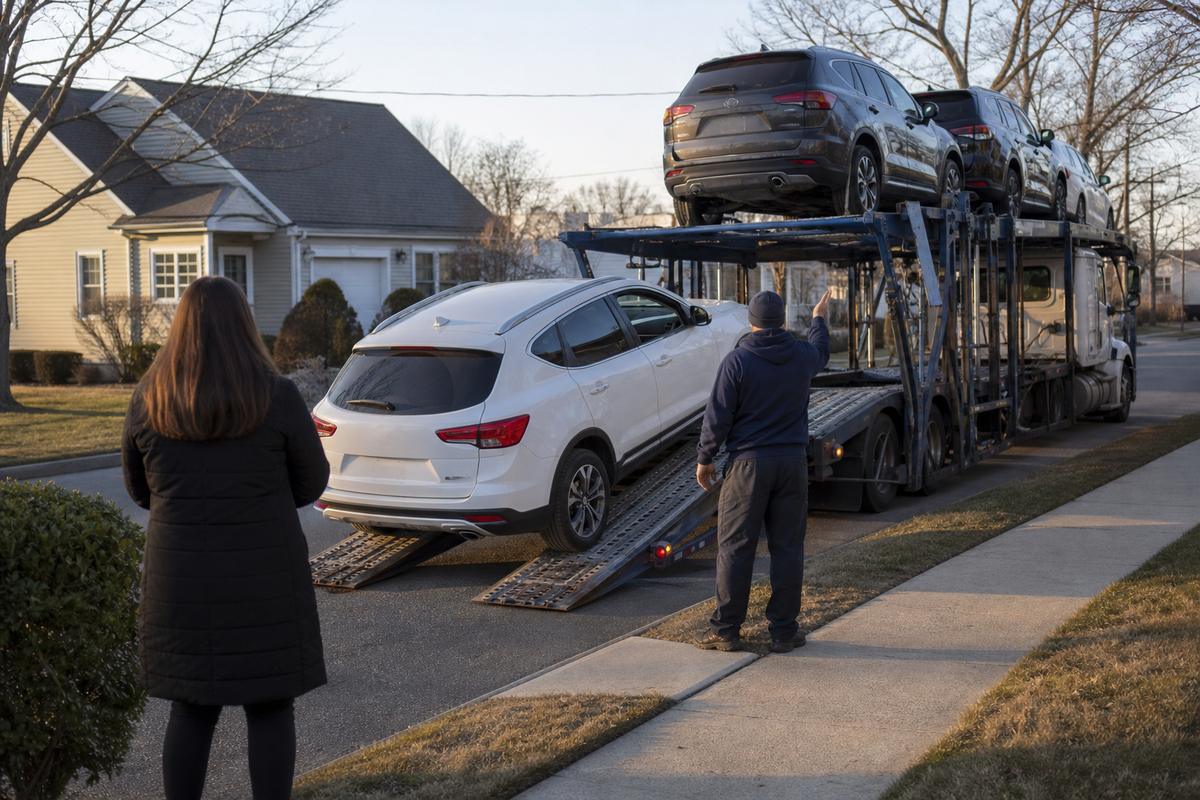 Car delivery in Long Island An SUV being driven down the ramps off an open carrier at delivery