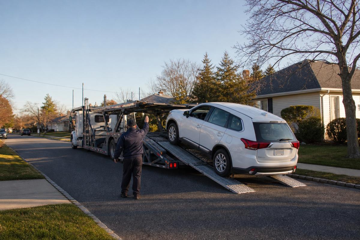 Car pickup in Long Island An SUV being driven up the ramps onto an open carrier at the curb