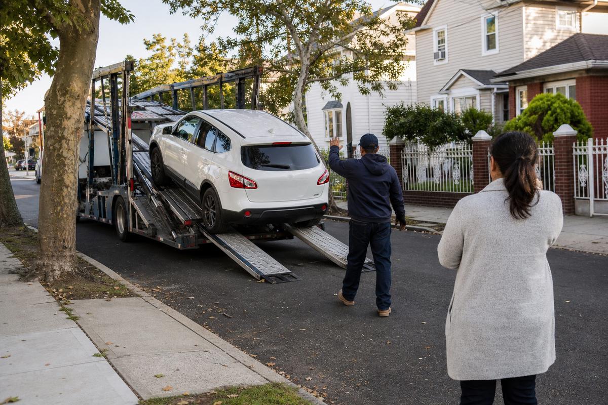 An SUV being driven down the ramps off an open carrier at delivery