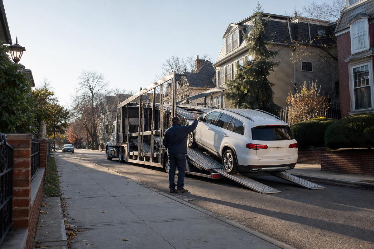 An SUV being driven up the ramps onto an open carrier at the curb