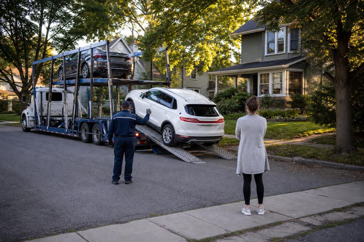 Car delivery in Rochester An SUV being driven down the ramps off an open carrier at delivery