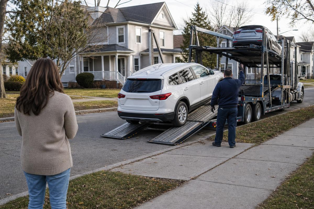 Car delivery in Syracuse An SUV being driven down the ramps off an open carrier at delivery