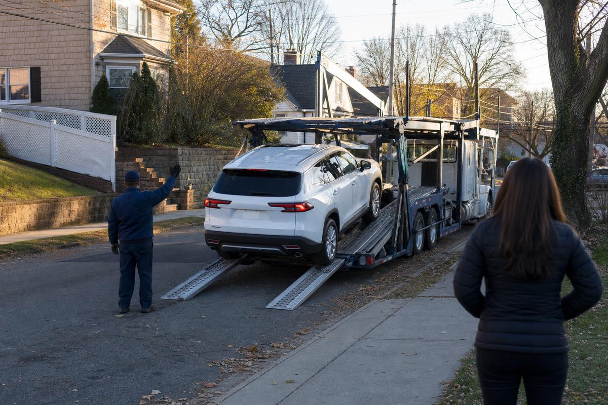 Car delivery in Yonkers An SUV being driven down the ramps off an open carrier at delivery