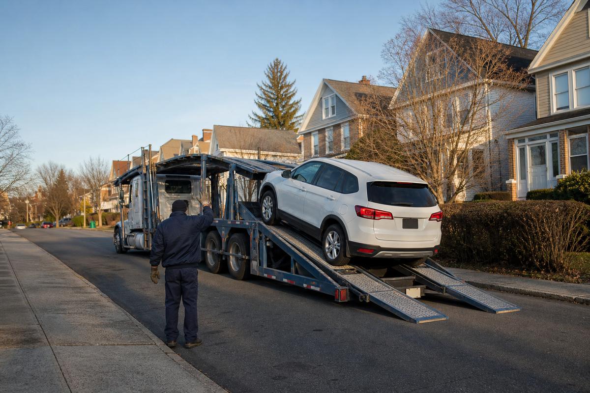 Car pickup in Yonkers An SUV being driven up the ramps onto an open carrier at the curb