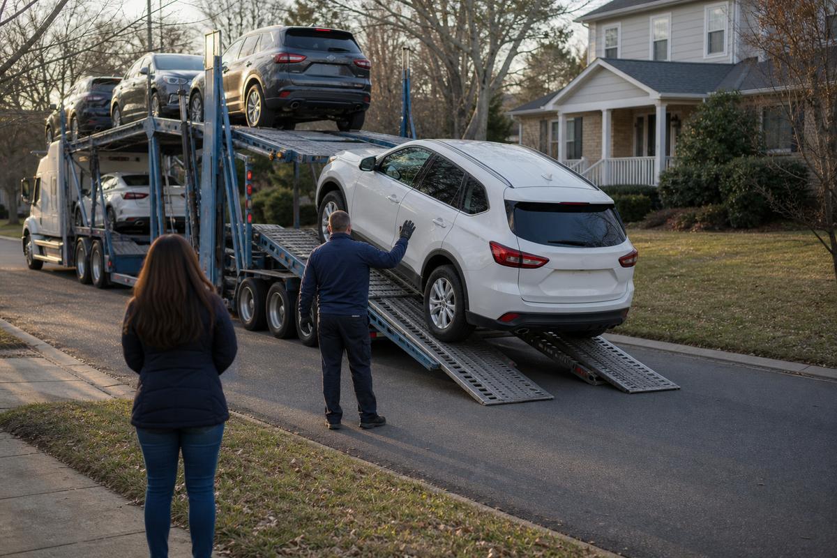 Car delivery in Charlotte An SUV being driven down the ramps off an open carrier at delivery