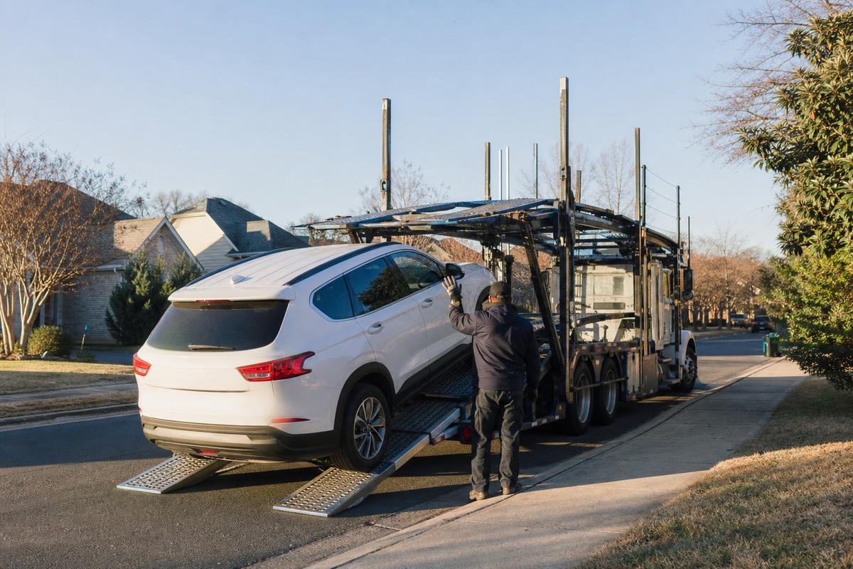 Car pickup in Charlotte An SUV being driven up the ramps onto an open carrier at the curb