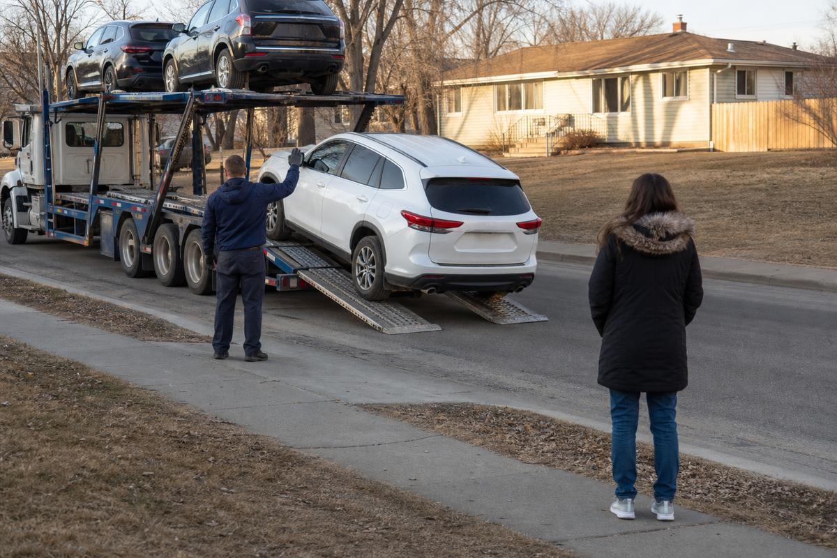 An SUV being driven down the ramps off an open carrier at delivery