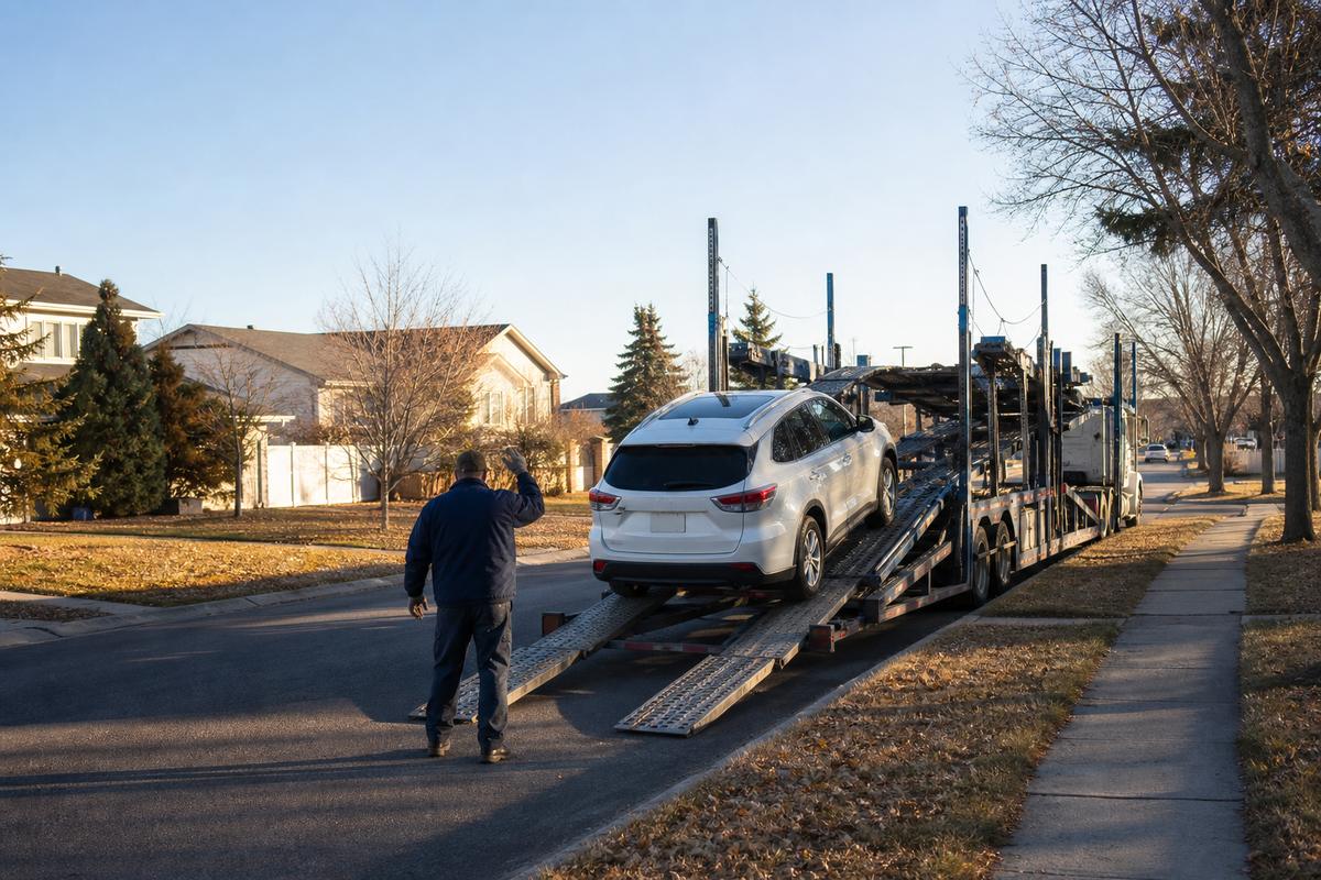 An SUV being driven up the ramps onto an open carrier at the curb